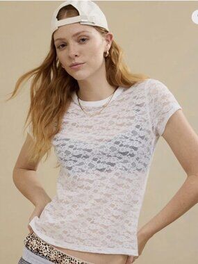 Aerie White Sheer Floral Lace Baby Tee Coquette Balletcore Y2K Medium